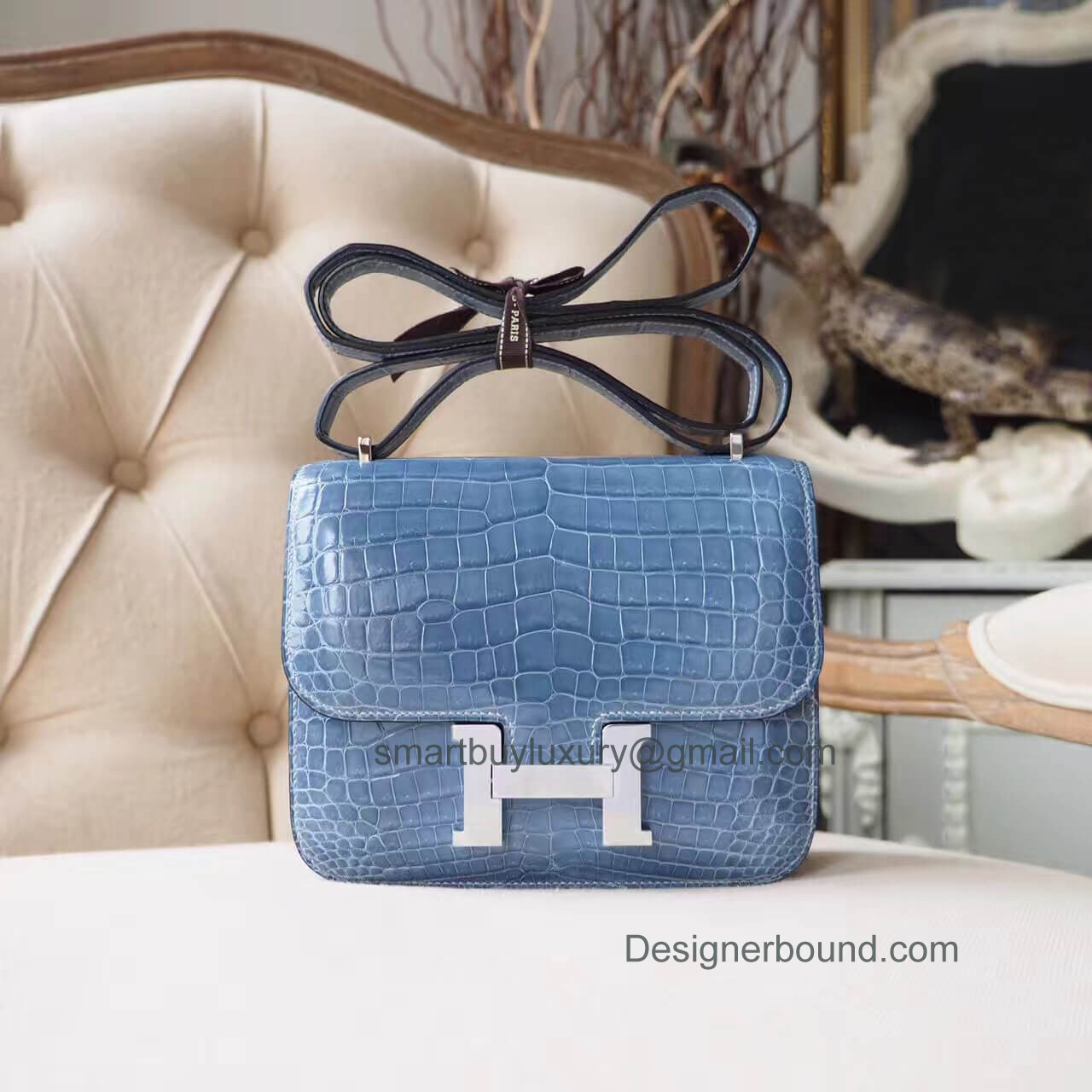 Hermes Mini Constance 18 Bag in n7 Blue Tampete Shiny Nile Croc PHW